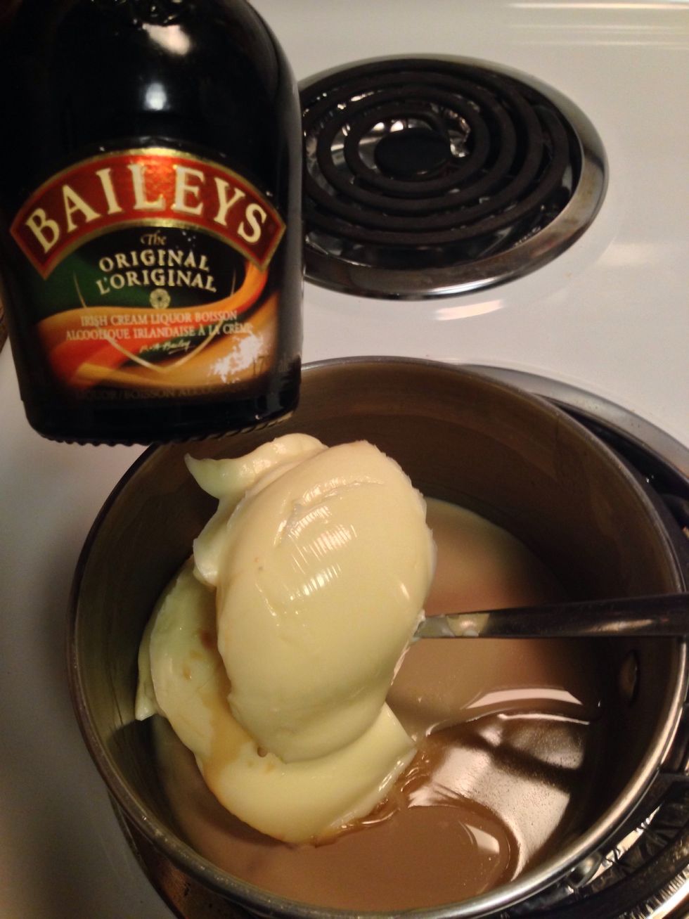 Melt the margarine and Baileys' over medium high heat stirring constantly just until melted. Do not bring to a boil or your margarine will burn.