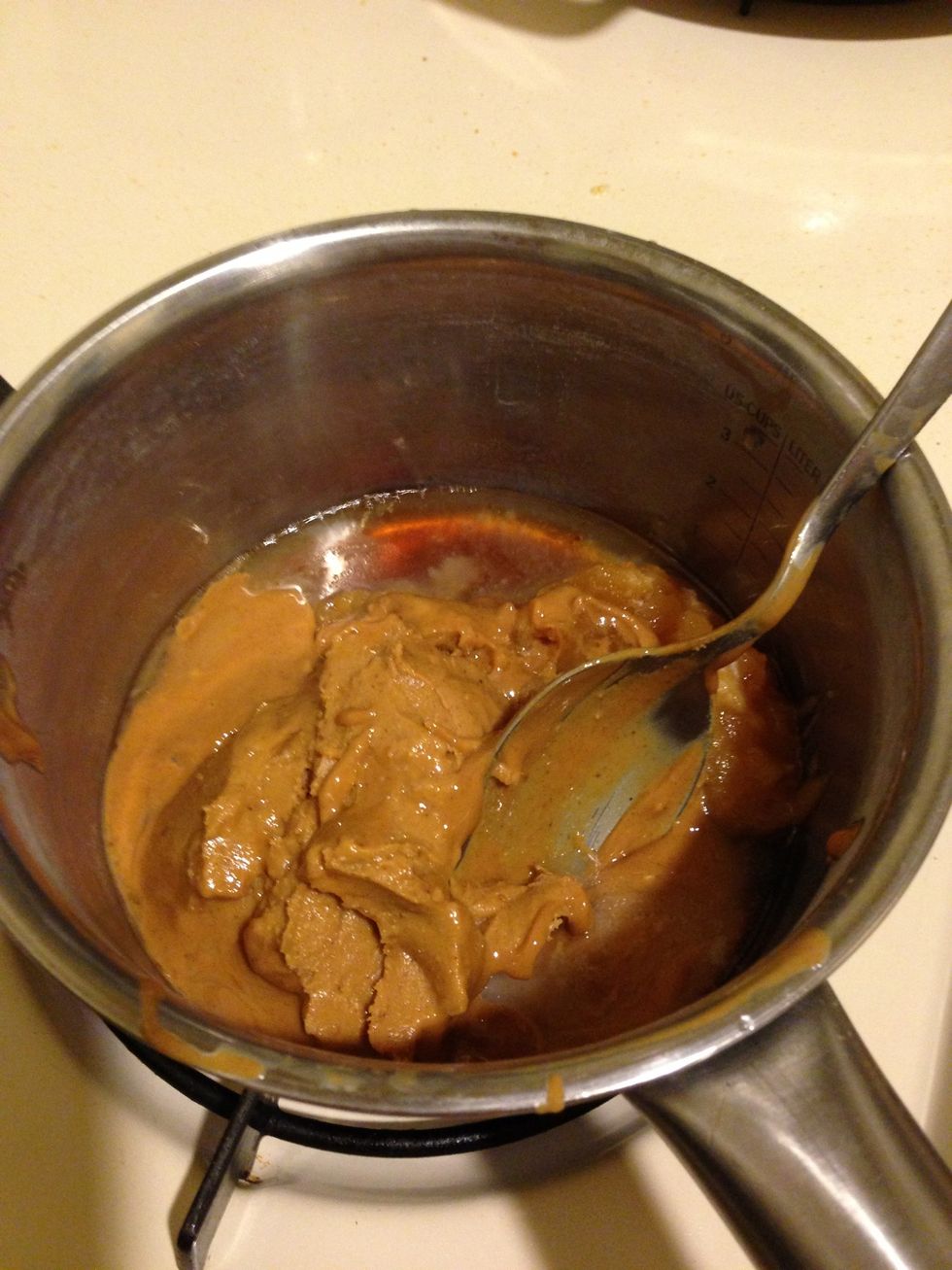 Melt the PB, honey, coconut oil, salt & vanilla in a pot on low heat for about 2-5 mins