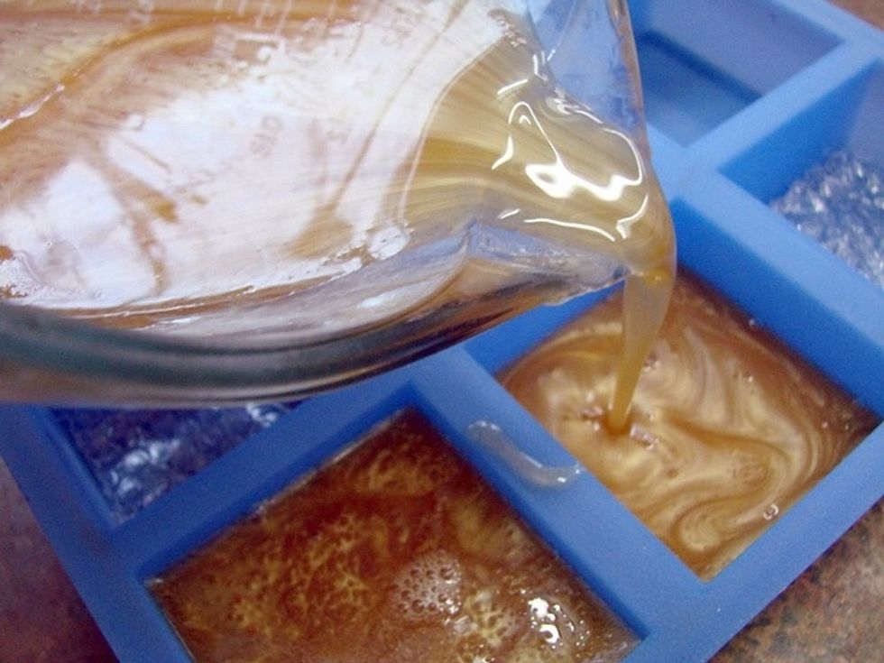 Melt the soap base and stir in color (just the yellow and honeyed beige) and fragrance. Pour into lined mold.