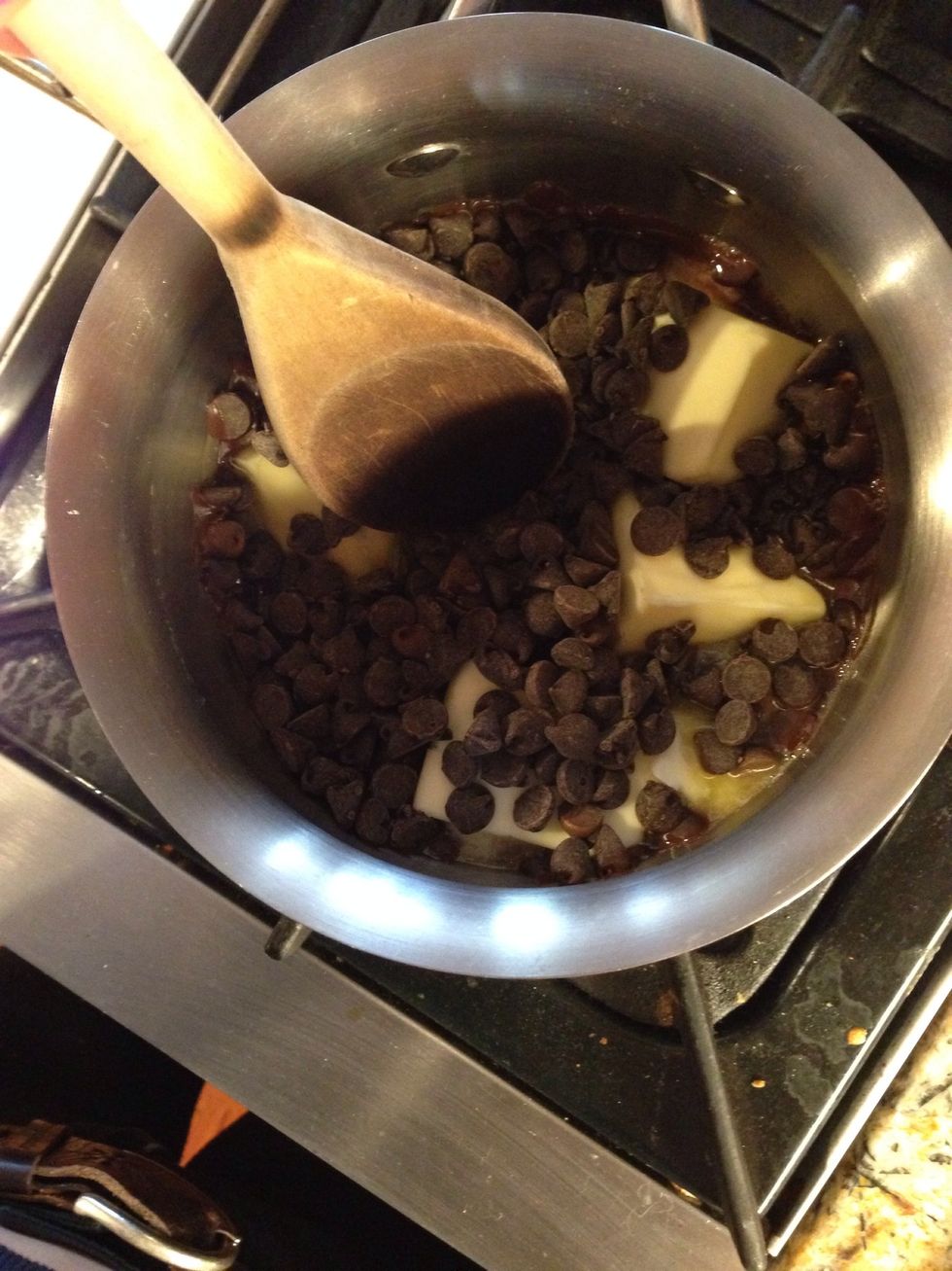 Melt together butter and chocolate chips, in a sauce pan over medium heat.