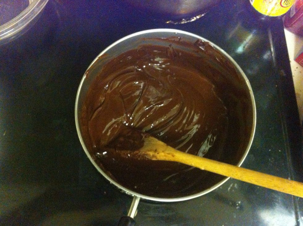 Melt together the chocolate and butter on the stove at low heat, gradually adding more chocolate. Stir continuously until smooth, then remove from heat.