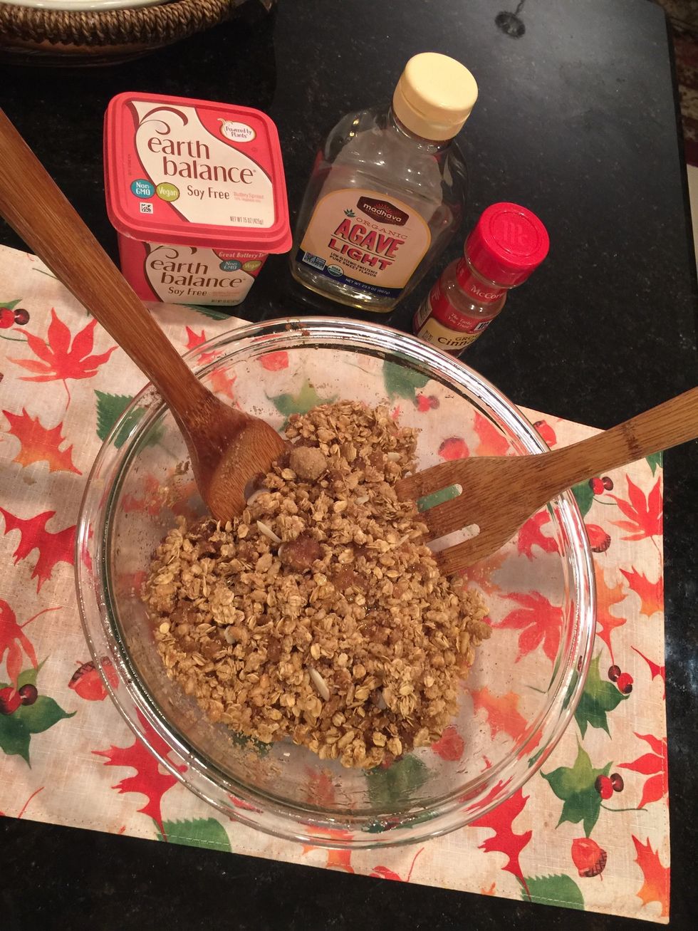 Melt vegan butter, then pour over the vanilla almond granola mix. (Recipe soon) then the cinnamon. Mix.