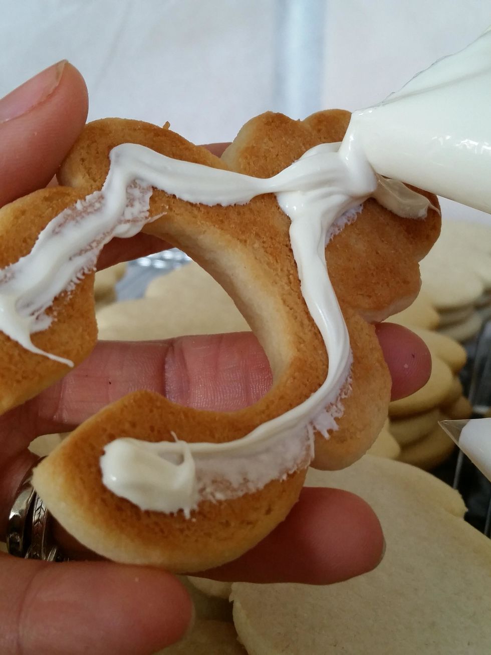 Melt white chocolate candy melts according to package directions. Place in a baggie & snip off end. Trace underside of the circle cut out cookie with melts and sandwich down on non decorated cookie