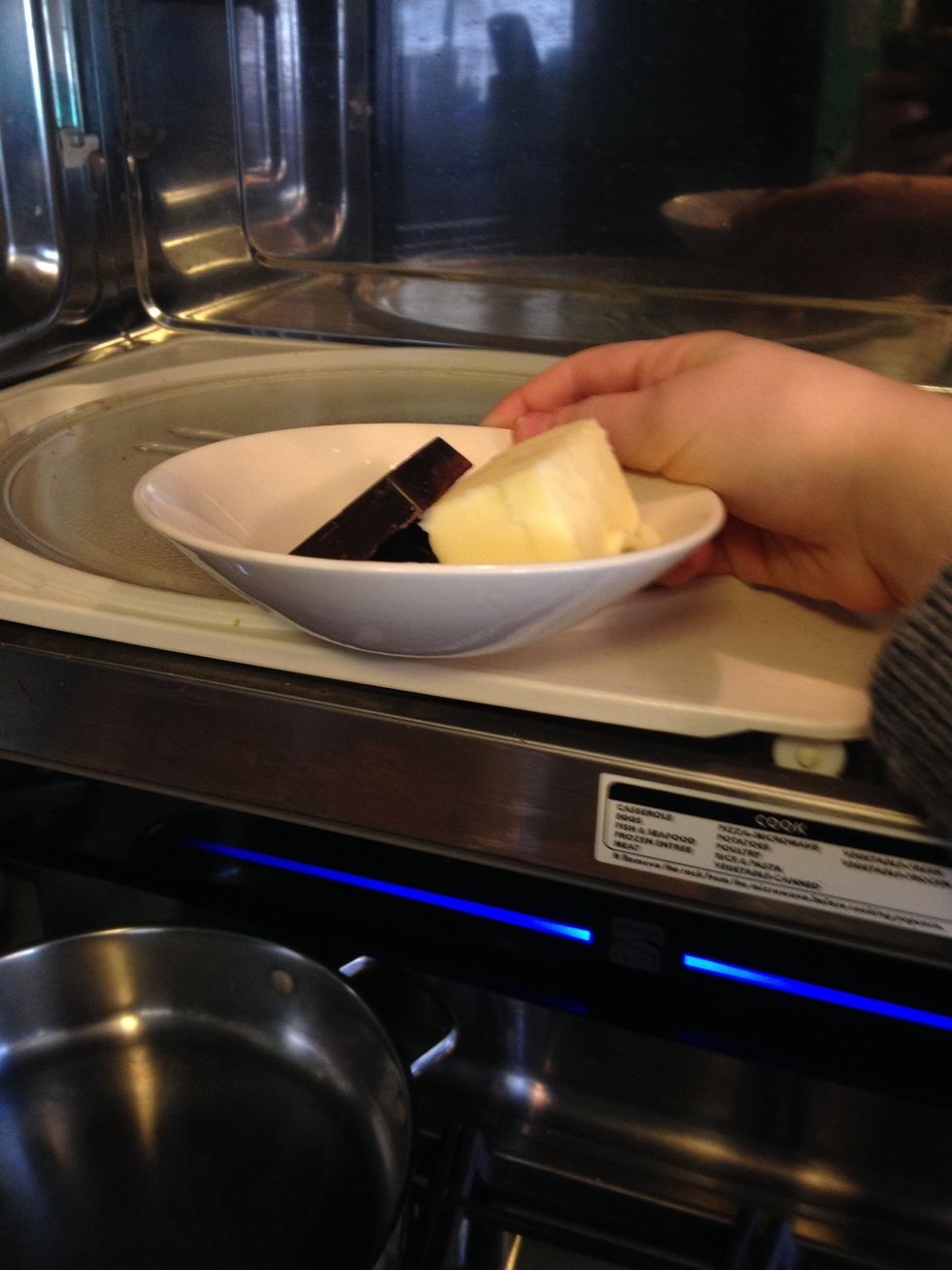 Melt your butter and chocolate in a microwave. They vary in power, so just be sure they are fully melted!
