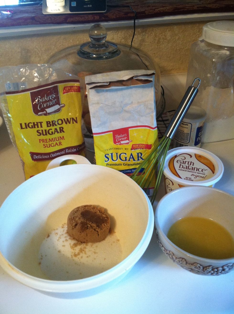 Melt your butter and cream it in a large bowl with the brown and granulated sugars (I use a whisk for less of a mess)