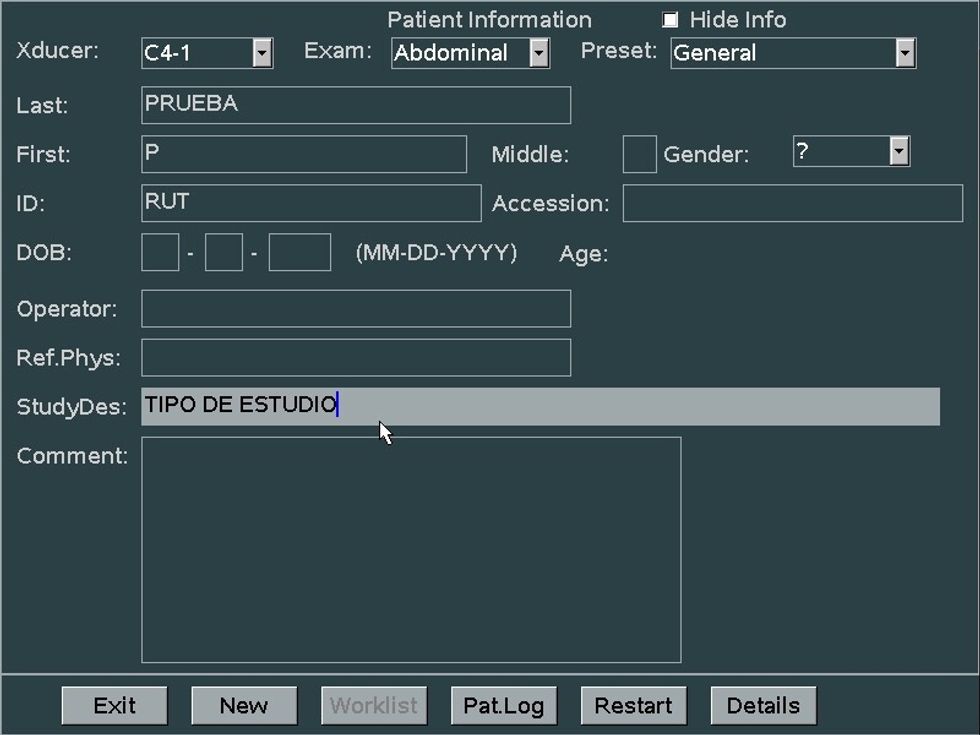 Mencionar el tipo de estudio. En "comentarios" mencionar cl\u00ednica importante del paciente