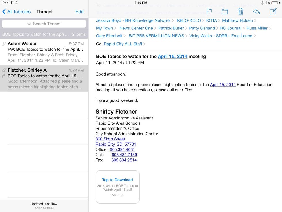 Method 1: (Requires Google Drive App be installed) 1:1 Open the email with the attachment in question from the native iPad email app. Then, scroll to the bottom of the email to find the attachment.