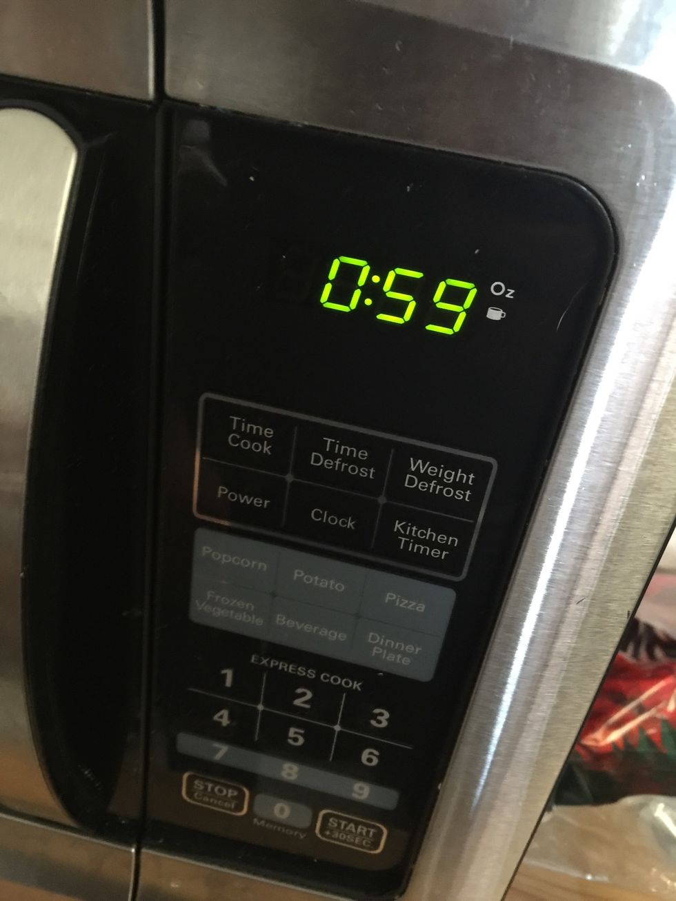Microwave for 1 minute. Stir. Then microwave again for another minute.