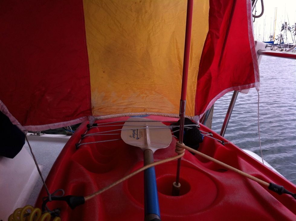 Middle of sail attached  to forward pad eyes