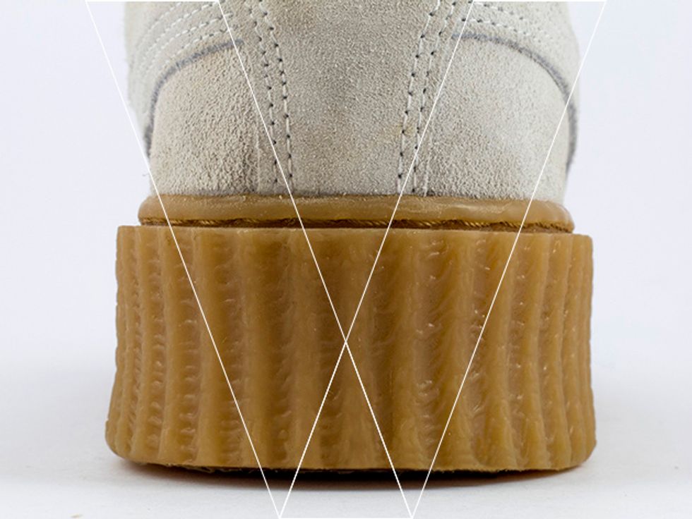 Midsole Shape: If you look at the heel profile you will notice the gum midsole is concaveon the side, make sure the bottom of the midsole is wider that the top.