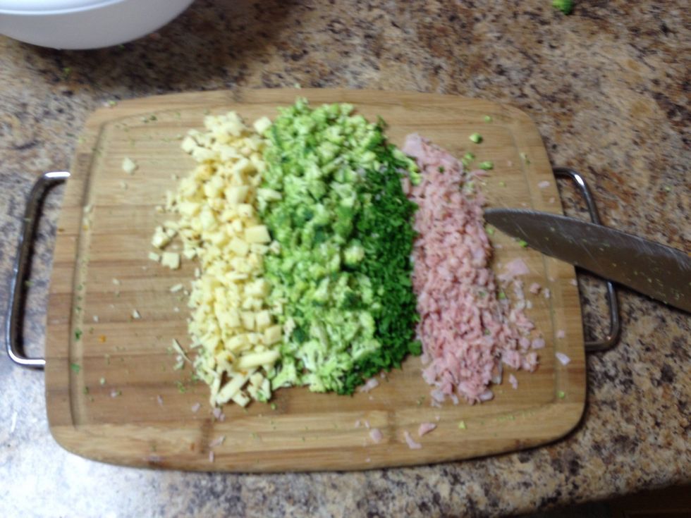 Mince pepper jack cheese, ham, broccoli florets( just the ends), parsley.