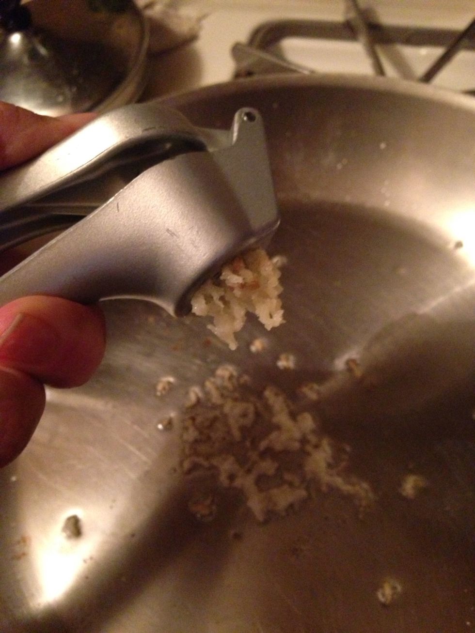 Mince right into hot oiled pan. Do not let garlic burn, after all garlic is on pan let sizzle for about 30 seconds, then quickly grab the blended tomato sauce and pour in pan.