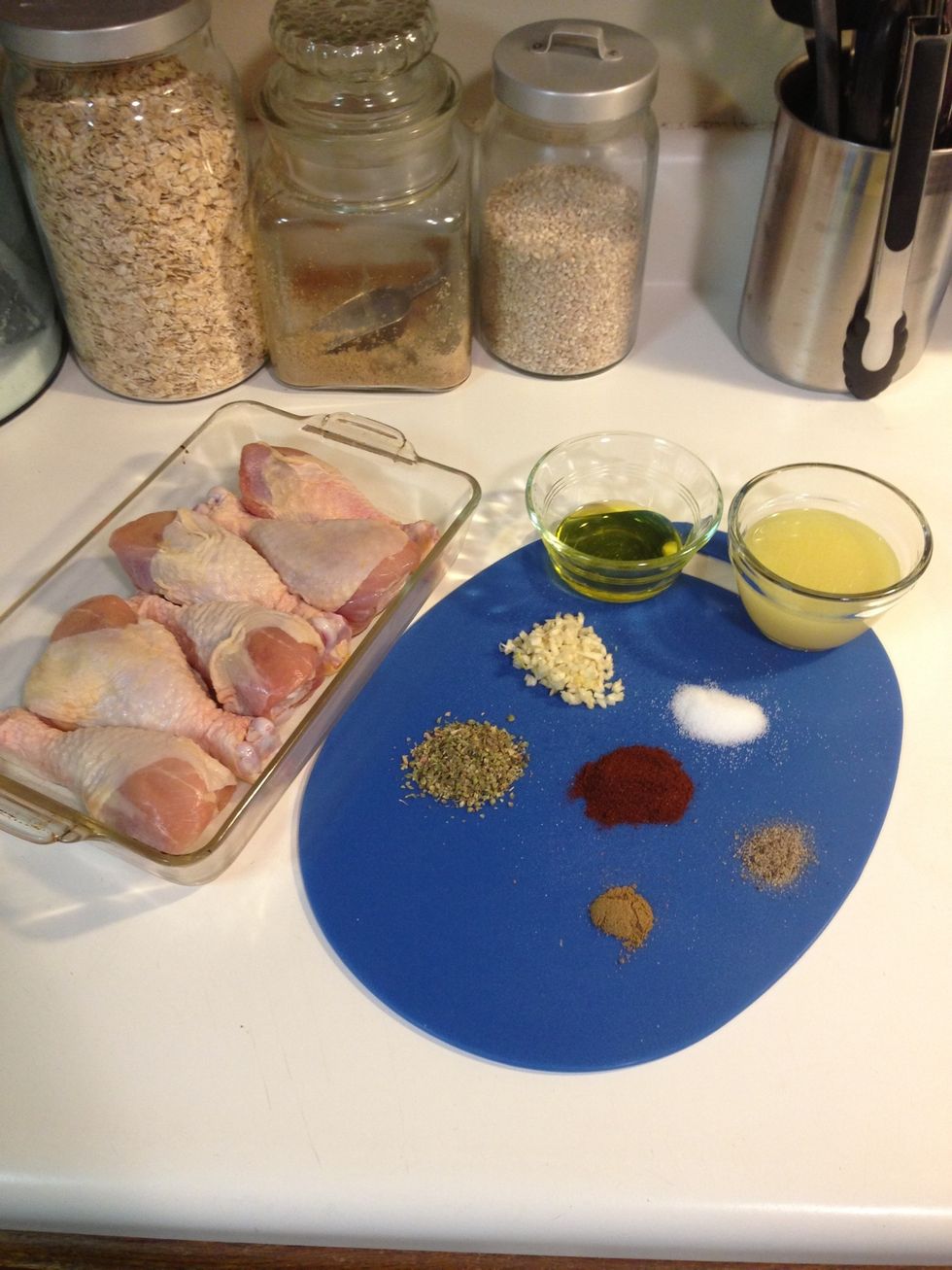 Mince the garlic and then gather your ingredients. It'll probably be easier if you just add your garlic and spices to the olive oil rather than making an extra step. I just did it for presentation. ;)