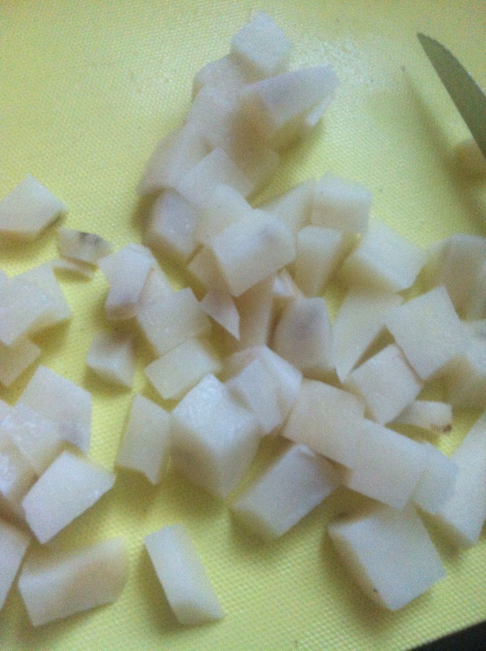 Mine aren't perfect but try to get them around the same size. Soak your cut potatoes in salted water for a bit, maybe 15 minutes. You can skip this step but I think this makes the potato more crispy.