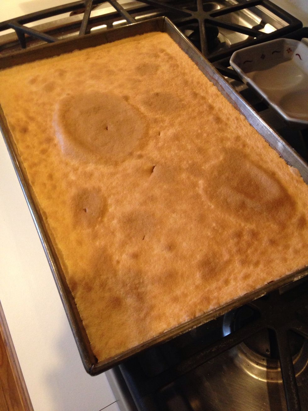 Mine had s few air bubbles which I could have eliminated by drawing a knife through the batter prior to baking. A knife inserted comes out clean and cake is done. Mine took 8 minutes.