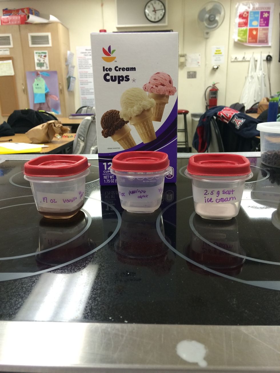 Mint chocolate chip ingredients continued. (2.5 g salt, .17 oz peppermint extract, .17 oz vanilla extract, and 1 box of ice cream cones)