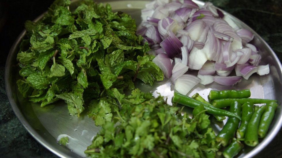 Mint leaves, coriander leaves and green chillies for paste