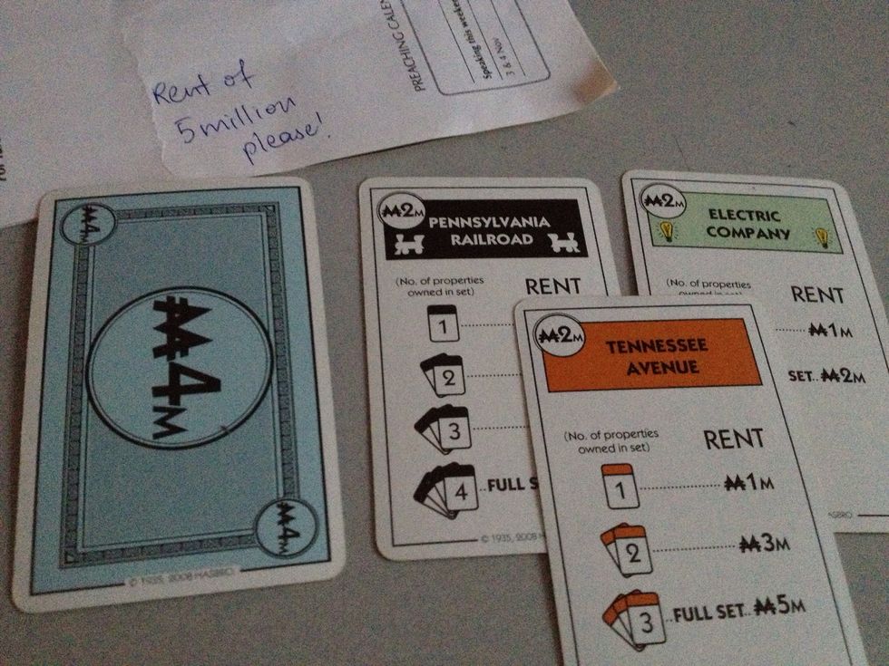 Misc procedures: what if you only have 4million in your money pile and a rent for 5million comes about? You need to clear your money pile first, before giving up property(s) to make up the balance.