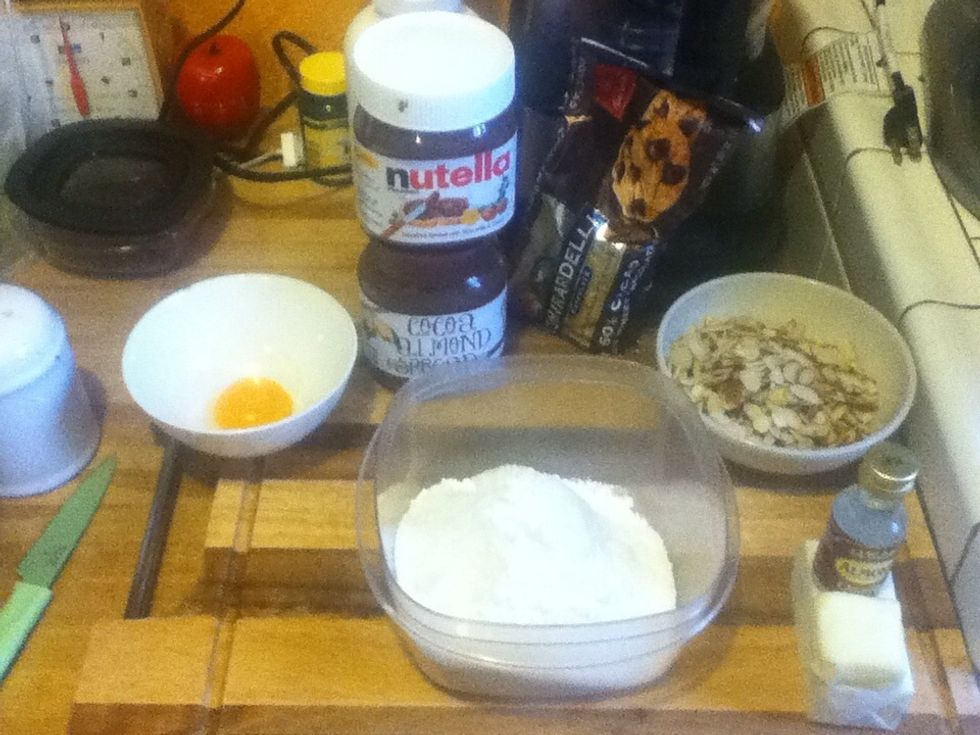 Mise en place! Note that the nutella, cocoa chocolate spread and the chocolate are some options you can use either one, I will be making mine with nutella. \ud83d\ude0a