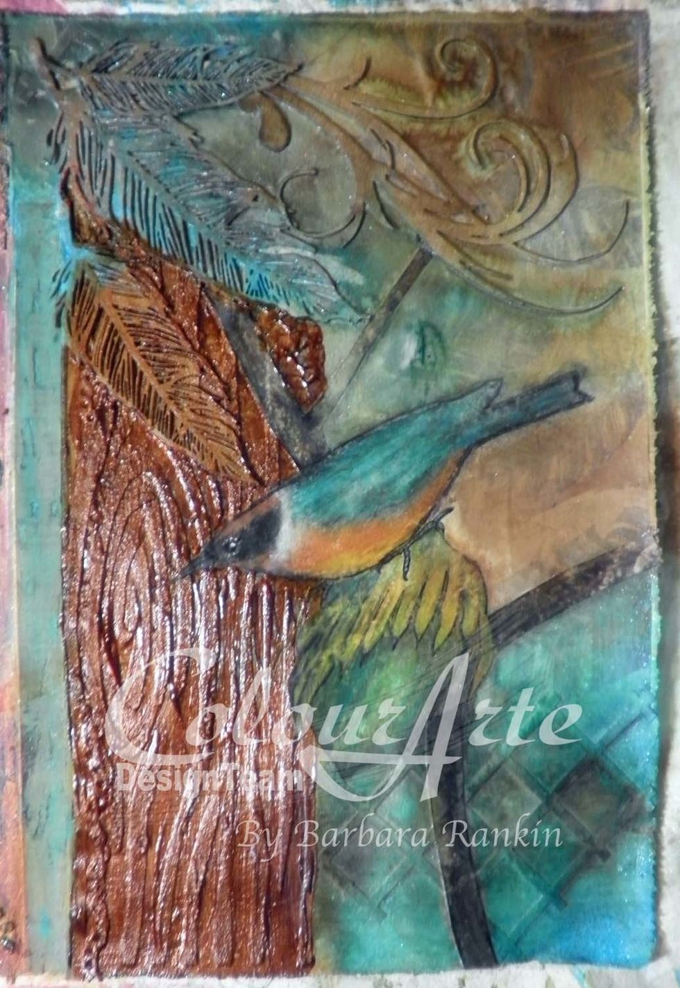 Mist page with Walnut Ink and ColourArte Radiant Rain Honeydew shimmering mist to give the page some warmth. Let dry. Protect collage image with paper towel while misting.