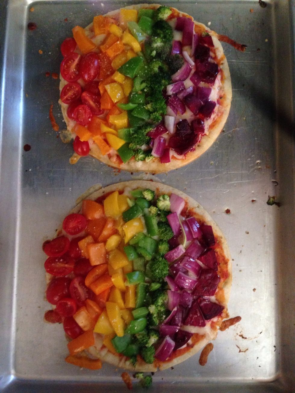 Mist with Olive oil. If you don't have a mister than you could toss them in Olive oil before hand. Also add seasonings now. Cool according to dough's instructions.