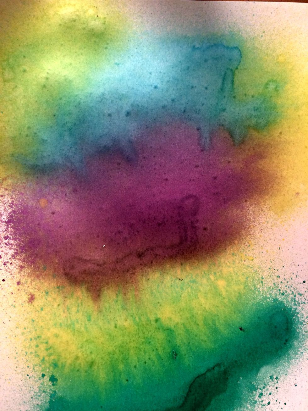Mist your cardstock with Waimea Bay, Grape Soday, Glorious, then Studio Blue. Also mist a bit of the Glorious up at the top. Dry with your heat gun