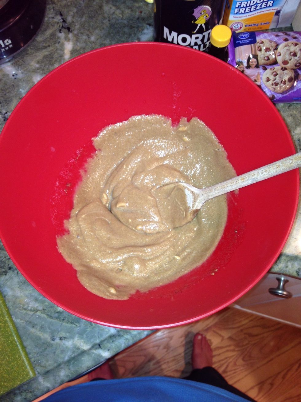 Mix 1 1/2 cups of brown sugar and 1 cup of softened butter until blended together