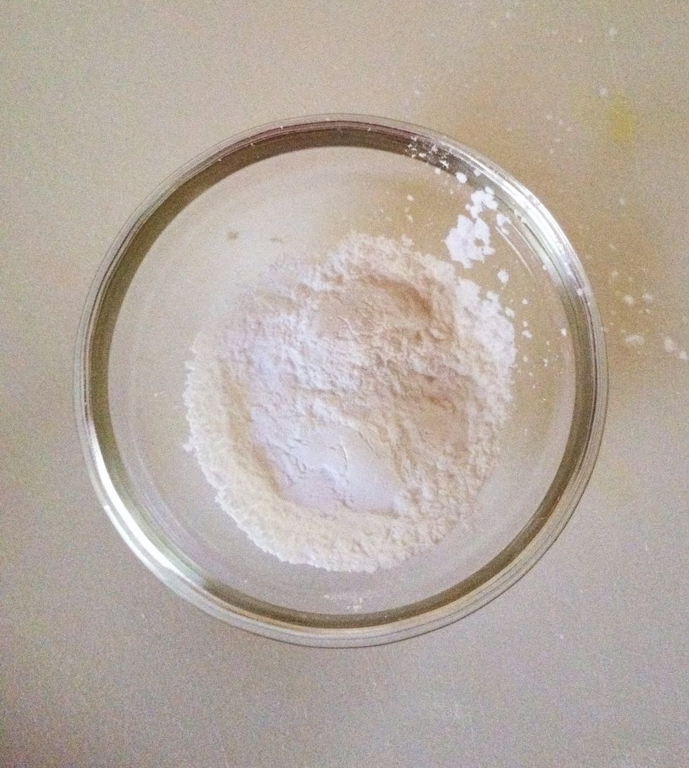 Mix 1 & 1/2 teaspoons of Baking Powder, 3/4 teaspoon of Baking Soda, and 1/4 teaspoon of salt together. Add to flour and cornmeal mixture.