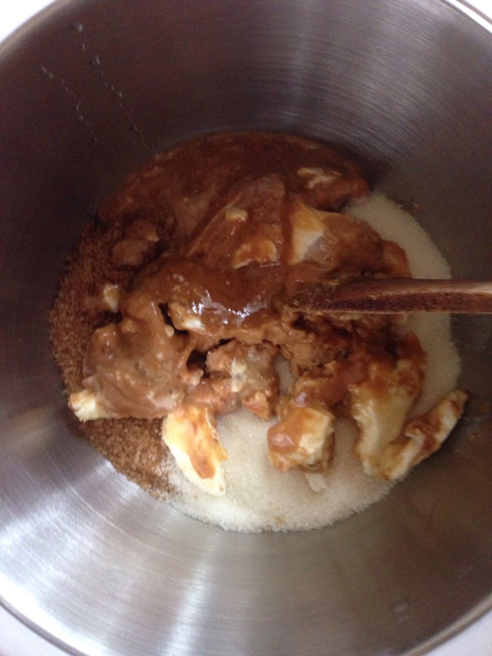Mix 1/2 cup of brown sugar, 1/2cup of granulated sugar, 1cup of room temperature butter, and 1cup of melted caramel