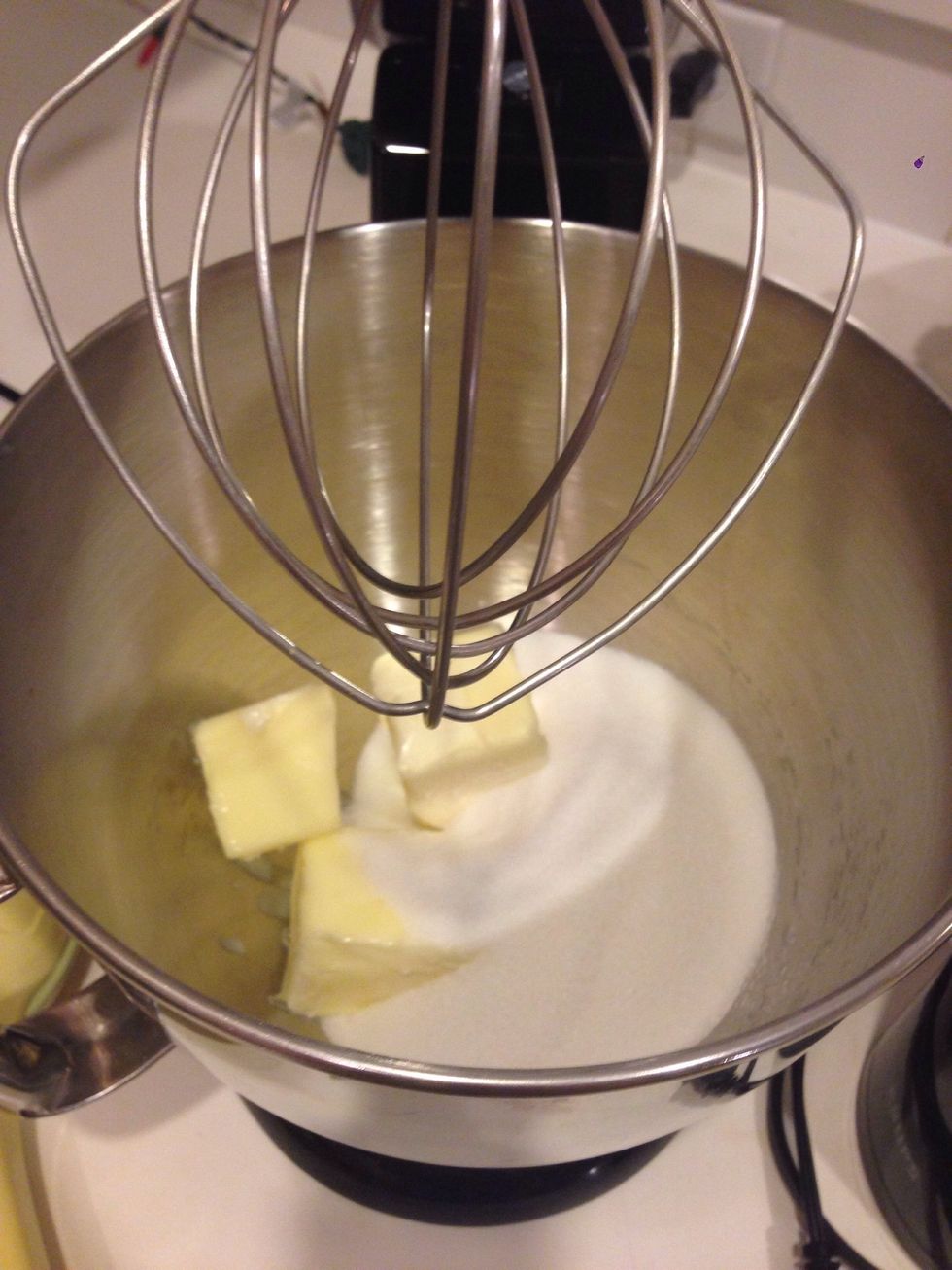 Mix 1/2 cup of unsweetened butter (at room temp) & 3/4 cup of sugar. Beat until mixture is nice and fluffy (2-3 mins).