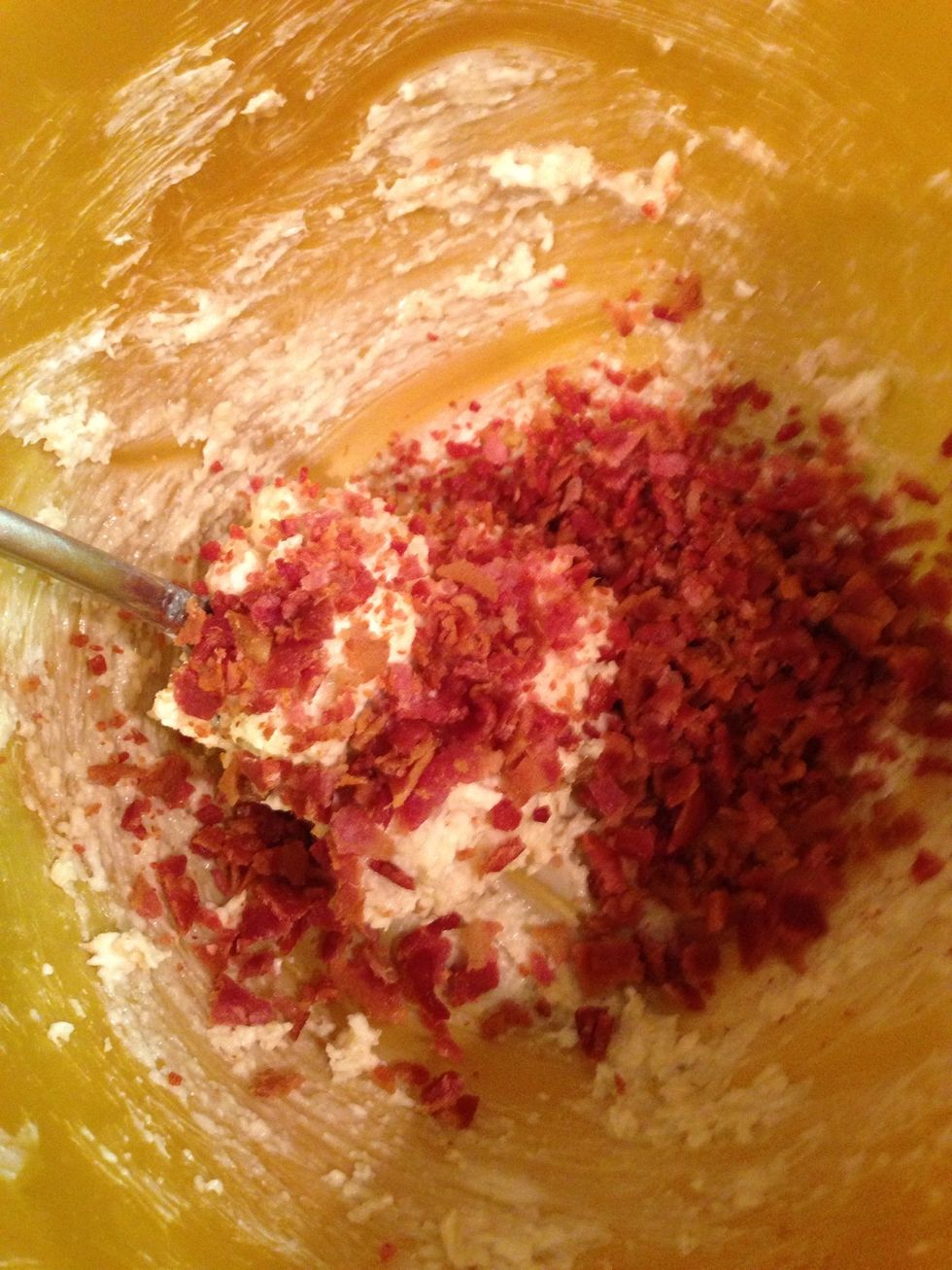 Mix 1/3 cup of cream cheese 1/4 cup of brown sugar your bacon and then put it into the microwave to soften it up to make it easier to spoon into the peppers