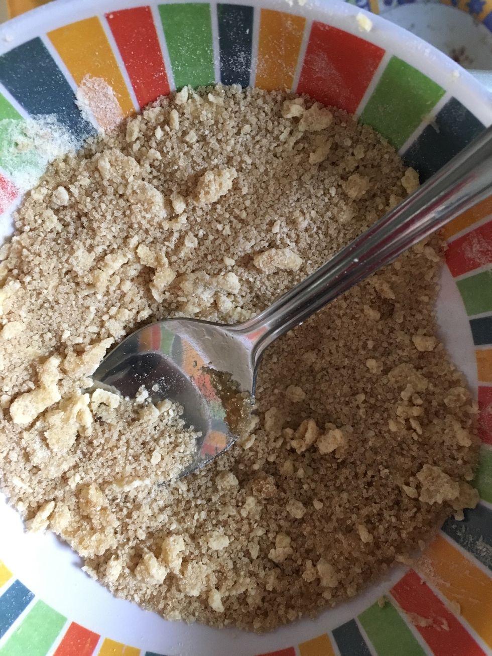 Mix 1/4 cup of flour, 1/3 cup of brown sugar and 1 tablespoon of butter or margarine