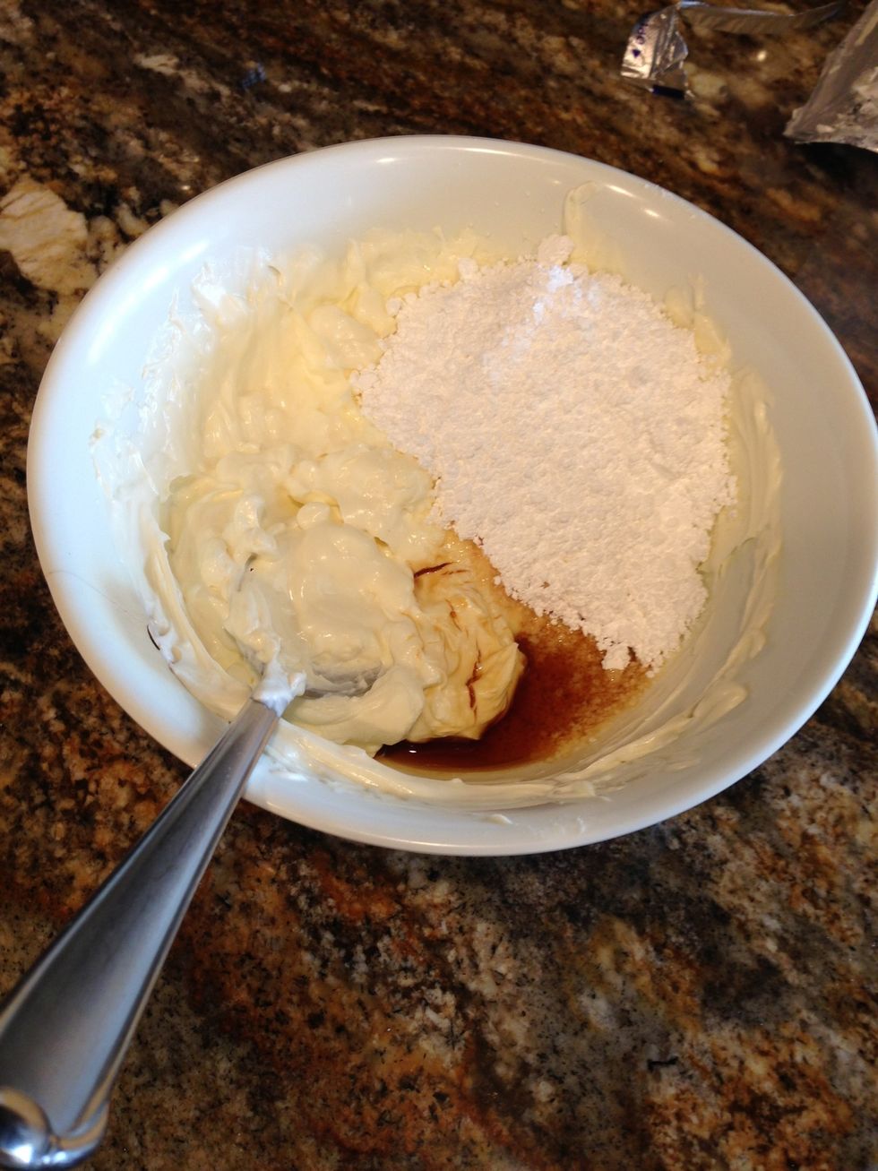 Mix 1 8oz package cream cheese with 1/2cup powdered sugar and 1 tsp vanilla