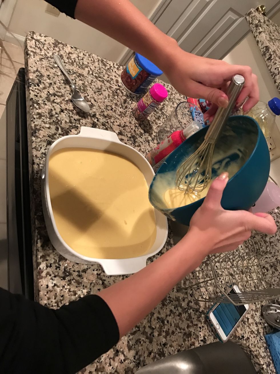Mix 1 box cake mix, 1 cup vegetable oil, 3 eggs into a bowl