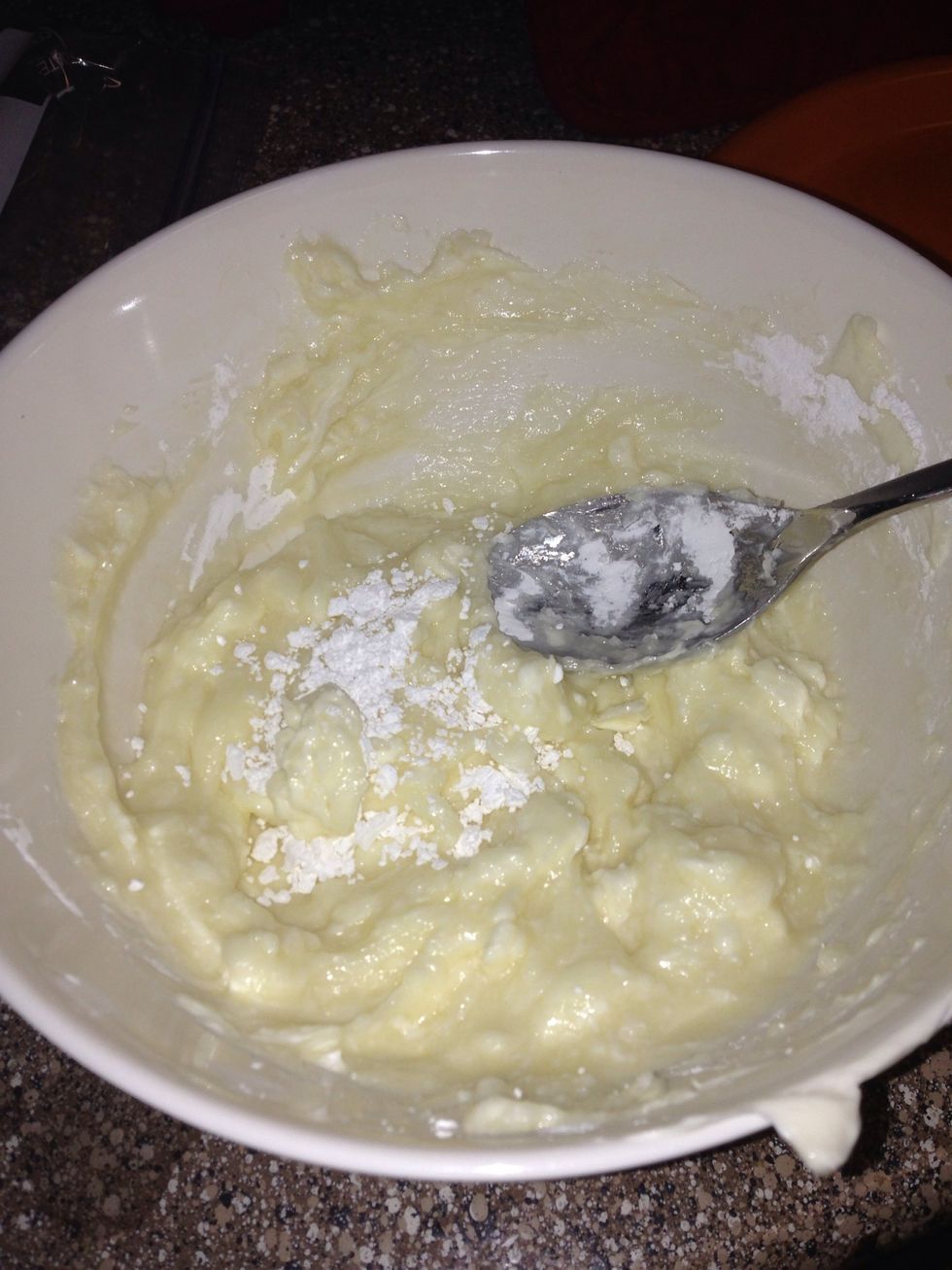 Mix 11/2 cup of powder sugar  And package of softened cream cheese set aside