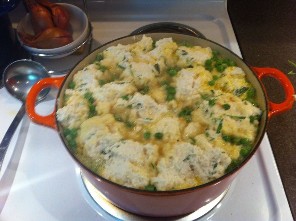 Mix 2 cups of Bisquick, 1 1/2 cups of milk, and 1/2 cup chopped fresh tarragon. Reduce heat to medium-low, Drop spoonful sized dumplings into the broth. Cook uncovered for 10 min then covered for 10.
