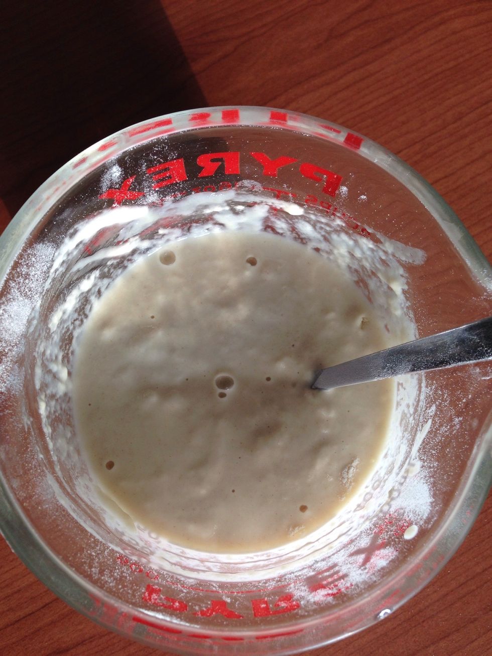 Mix 2 tsp yeast in 1c warm water and add 1 c flour