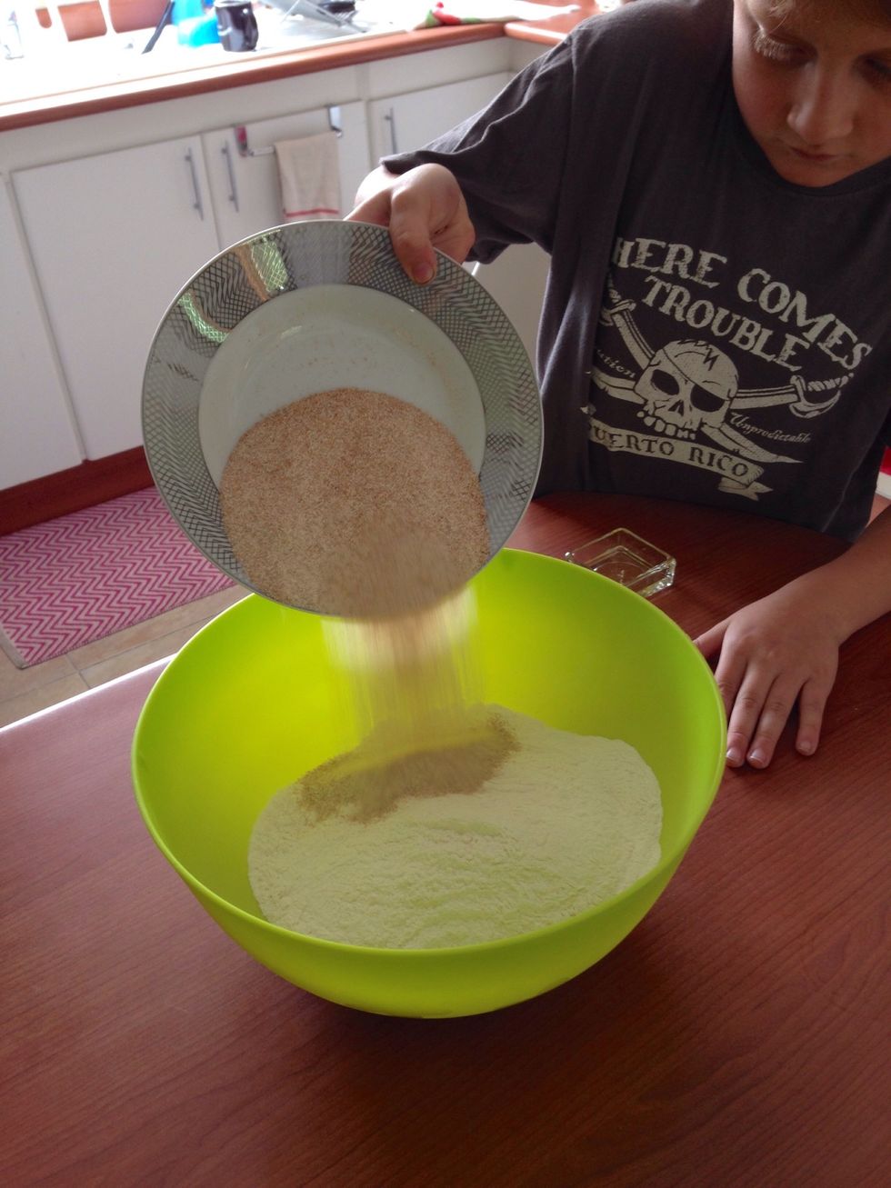 Mix 3.5 cups of flour and 1 cup of whole wheat flour