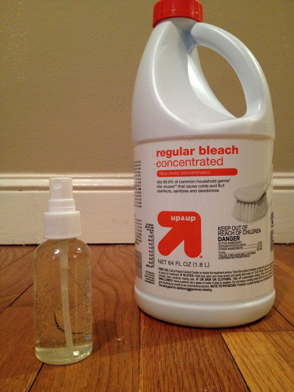 Mix 50/50 bleach and water in pump spray bottle. A funnel will help, wash your hands. Note: concentrated bleach is incredibly potent. Try not to inhale too much of it.