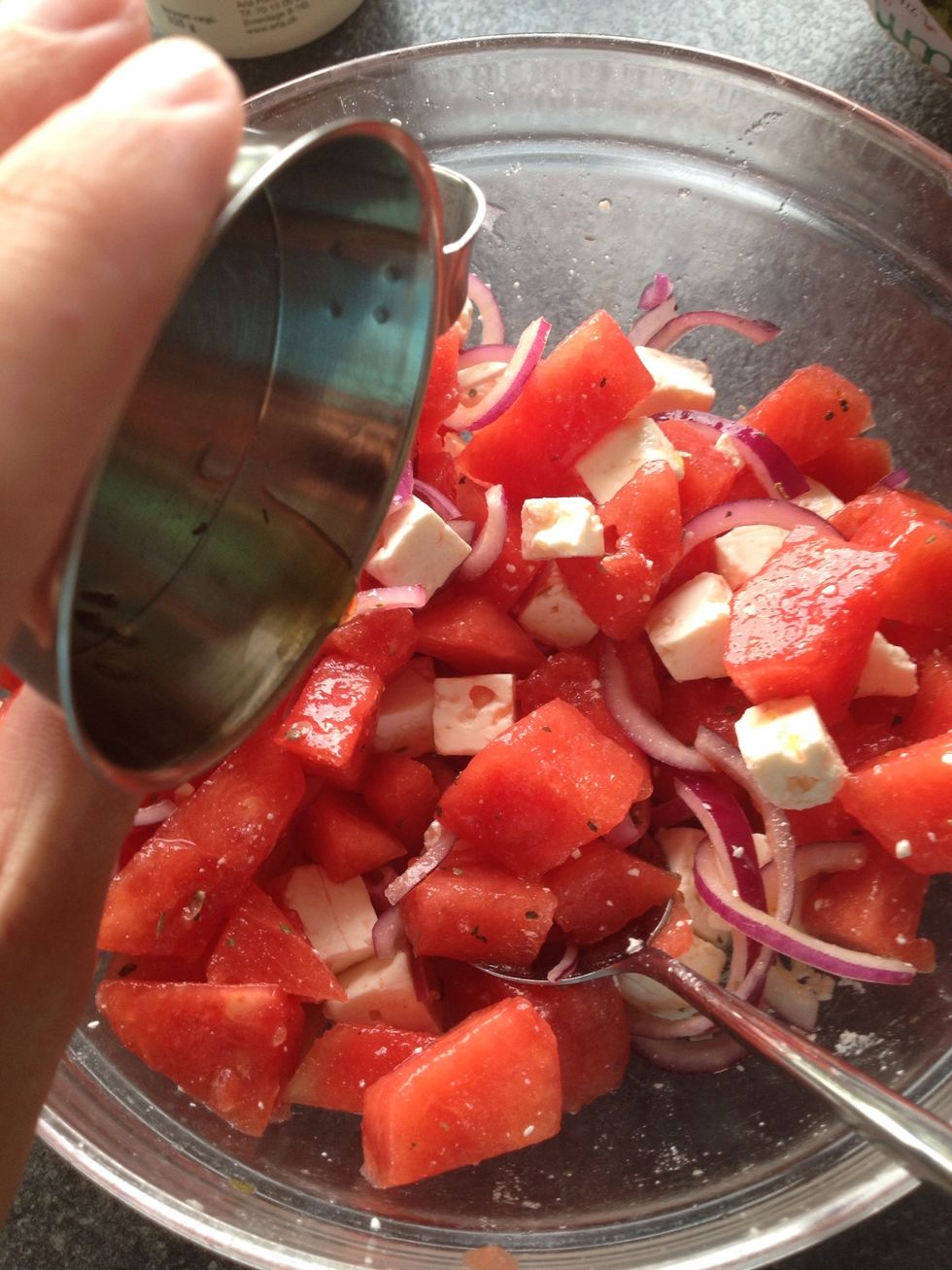 Mix a bit of oil and thyme in a cup and pour it over the salad. It should only be very little. You can add a bit honey to the oil too.