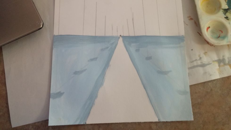 Mix a little bit darker color for a shadow. Winters is more blue and grey. Shade towards the horizon line and around the sidewalk. also shade under where the tree trunks sit.