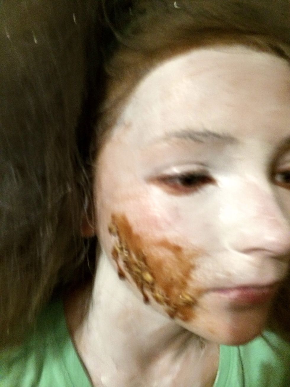 Mix a little oats and syrup and apply to skin. We're making "scabs."