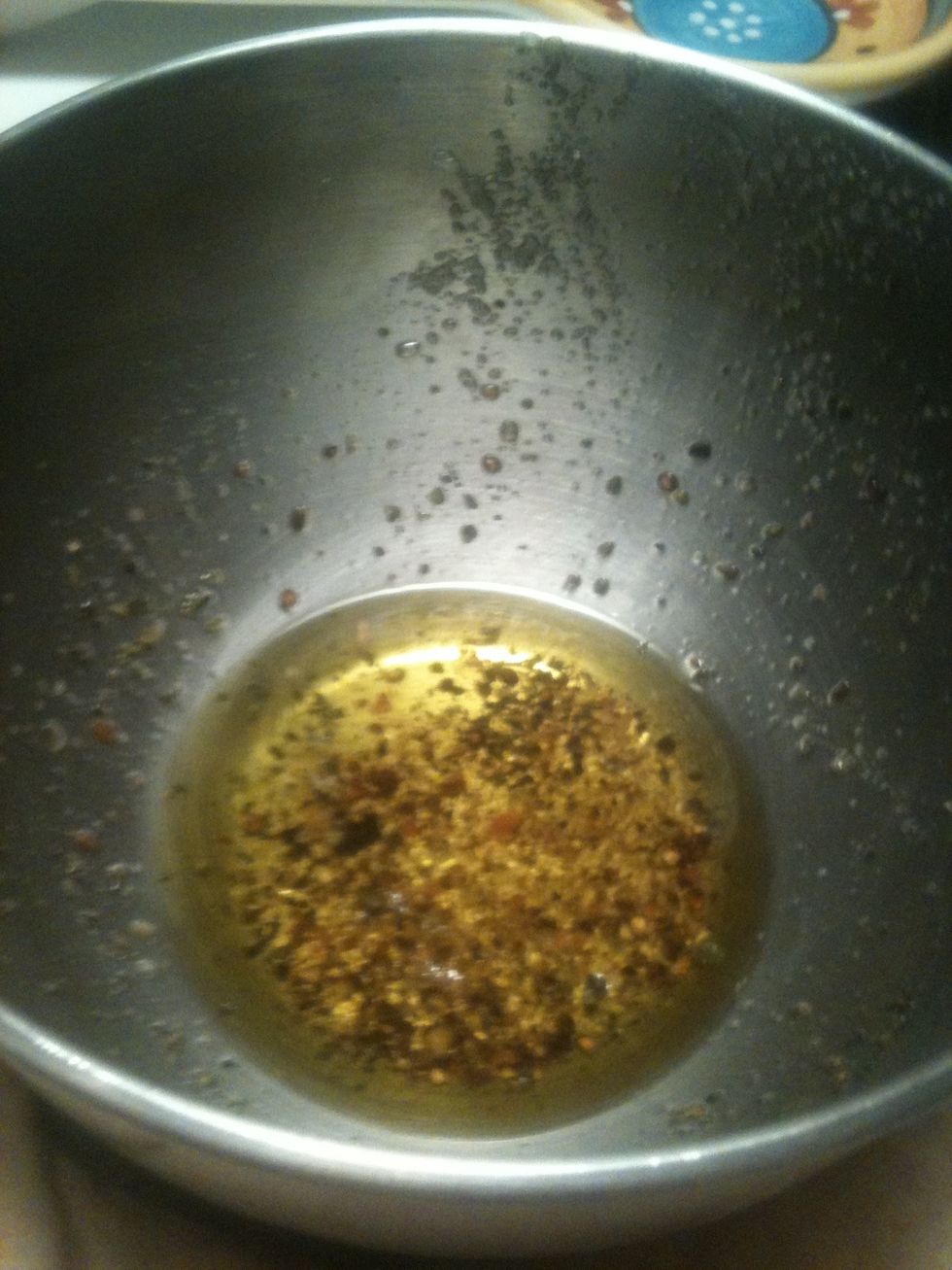 Mix about 2 tbsp of Olive Oil and the Spice blend (you choose it!) and spread it on the top of the calzone. Crushed red pepper will give it a little needed kick. Bake at 425, for about 12-15 minutes.