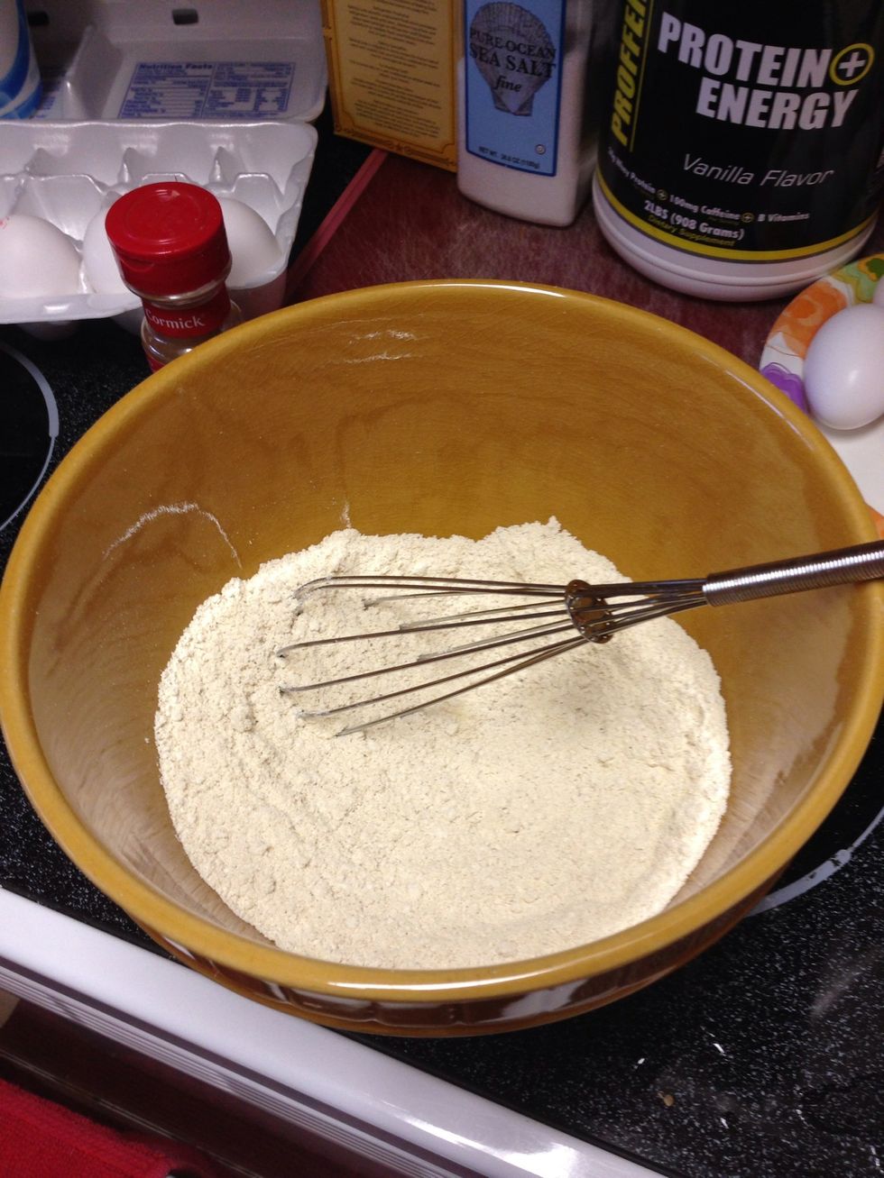 Mix all DRY ingredients first. Oat flour, protein powder, baking soda, and sea salt