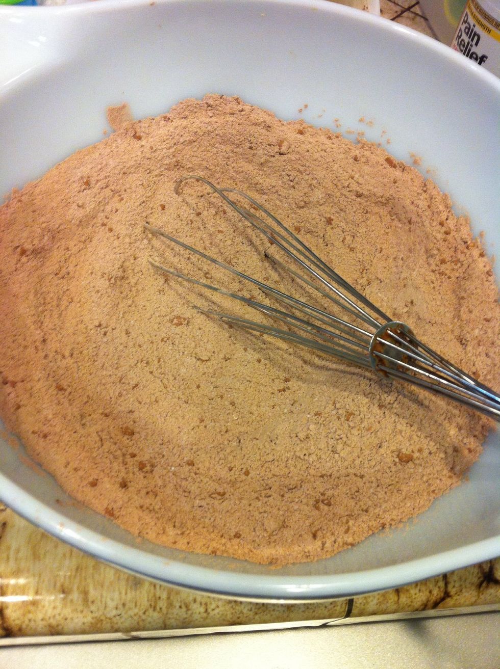 Mix all dry ingredients in one bowl flour, sugar, cocoa powder, and baking soda. Cocoa lumps will smooth out later don't worry