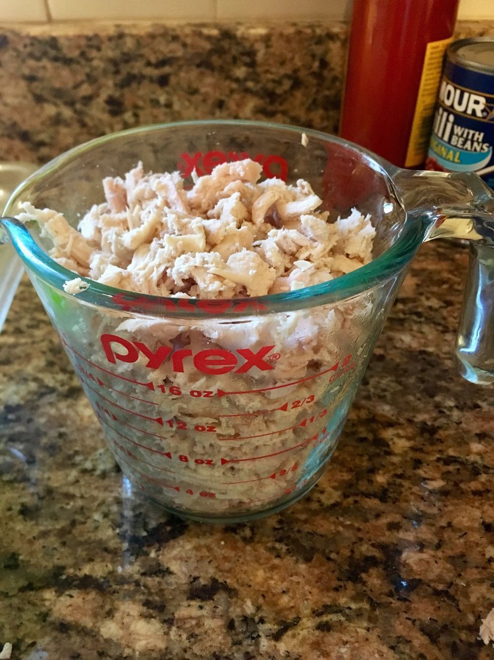 Mix all in one pan 2 cups of shredded rotisserie chicken