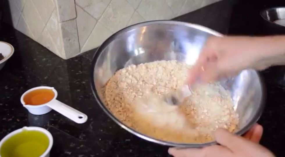 Mix all ingredients except chocolate and almonds