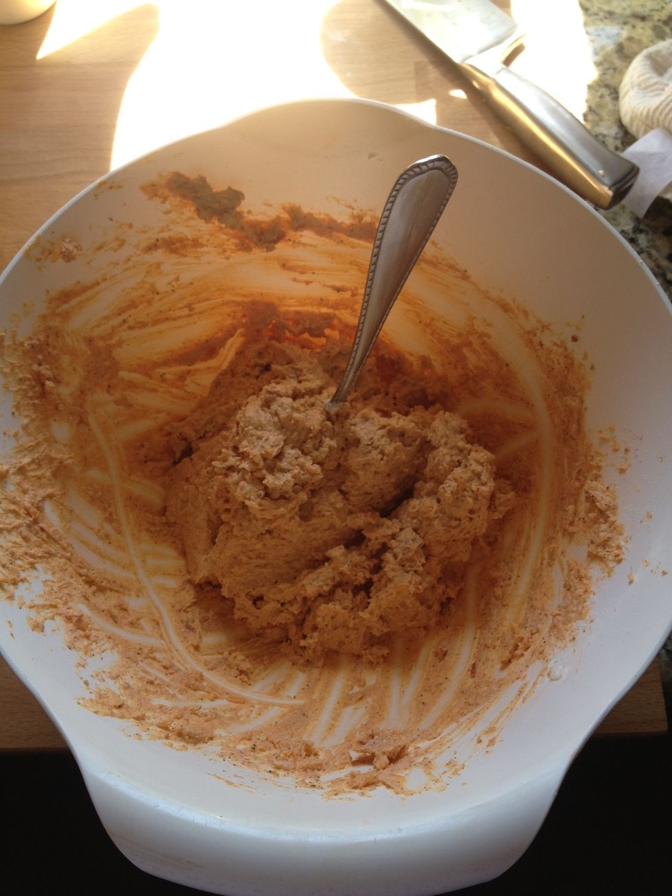 Mix all ingredients into a bowl. You may want to nuke for 30 seconds to soften cream cheese.