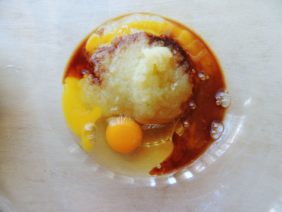 Mix all of the wet ingredients together.  {Eggs, applesauce, vanilla and honey}