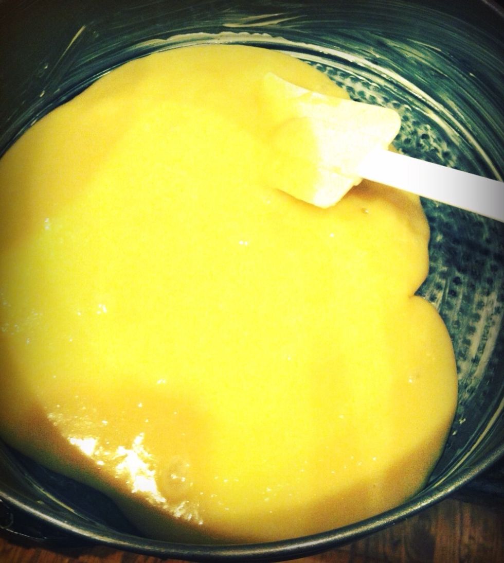 Mix all remaining ingredients. Pour 1/2 cake mixture into greased baking pan :)